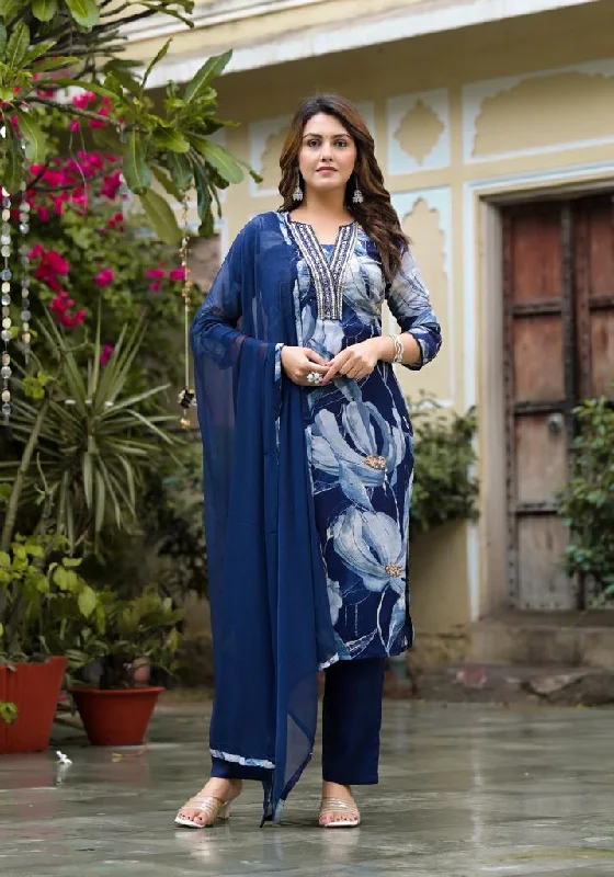 Varanga Blue Floral Printed Sequin And Pearl Embroidered Straight Kurta With Bottom And Dupatta