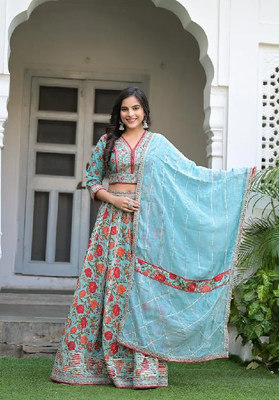 Varanga Blue Floral Printed V Neck Embroidered Blouse With Skirt And Dupatta Vlhc8108