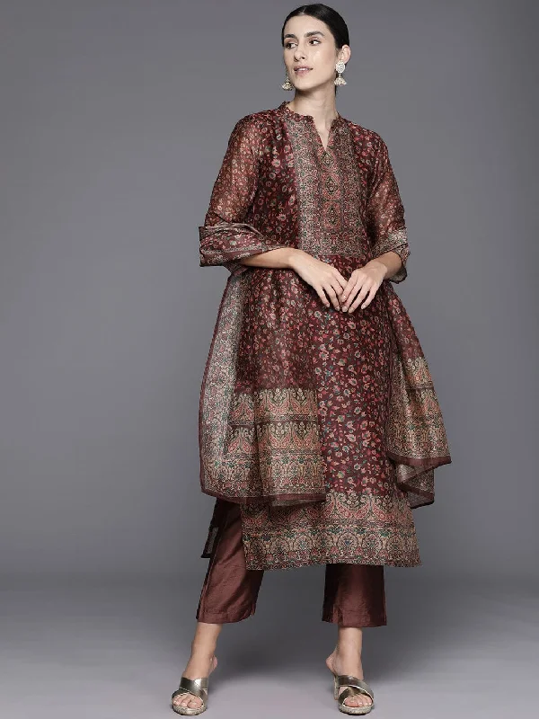 Varanga Brown Printed Straight Kurta Paired With Solid Bottom And Printed Dupatta