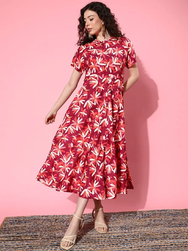 varanga burgundy and white floral print mandarin collar crepe a line midi dress