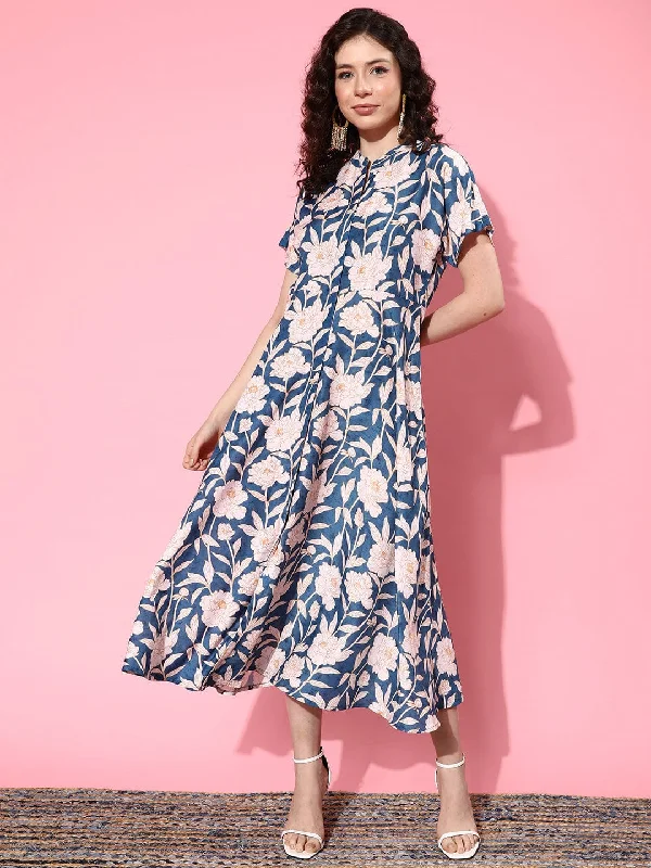 varanga floral print mandarin collar crepe a line midi dress