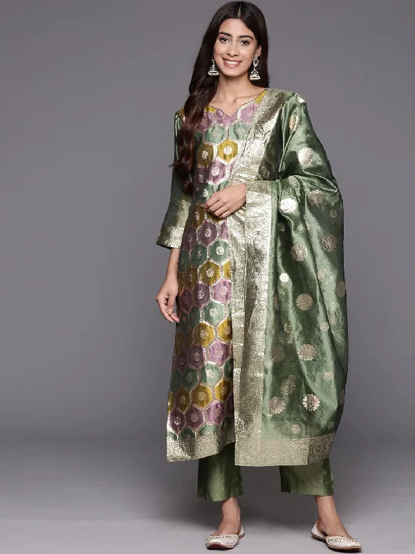 Varanga Green Geometric Woven Texture Straight Kurta Paired With Tonal Bottom And Dupatta