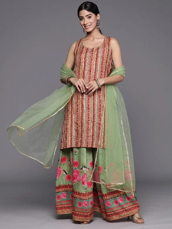 Varanga Green & Pink Printed Regular Gotta Patti Kurta with Sharara & With Dupatta