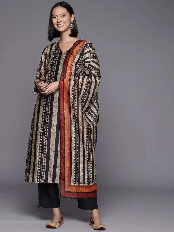 Varanga Grey And Black Stripe Printed Straight Kurta Paired With Solid Black Bottom And Printed Dupatta