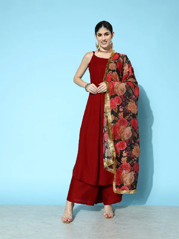 varanga maroon women empire kurta with palazzos with dupatta