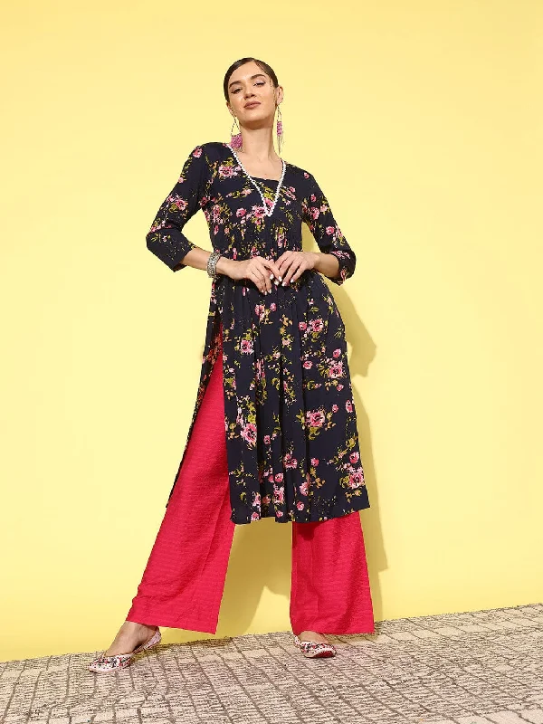 Varanga Women Navy Blue Floral Printed A Line Kurta