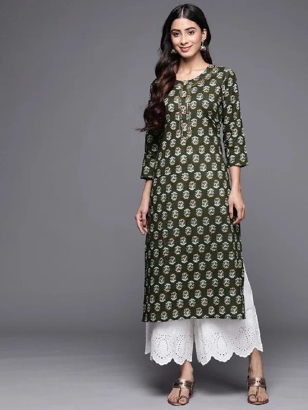 Varanga Olive Green Ethnic Motifs Printed Gotta Patti Straight Kurta with Button Detail