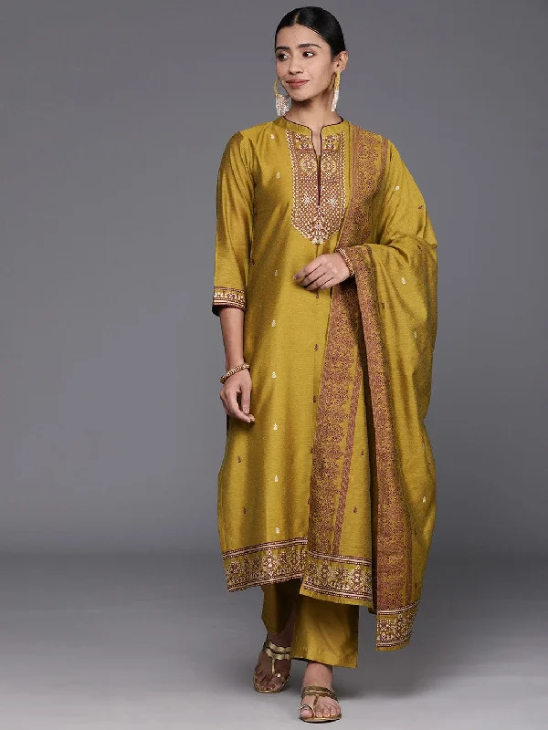 Varanga Olive Green Ethnic Motifs Regular Chanderi Silk Kurta with Trousers & Dupatta