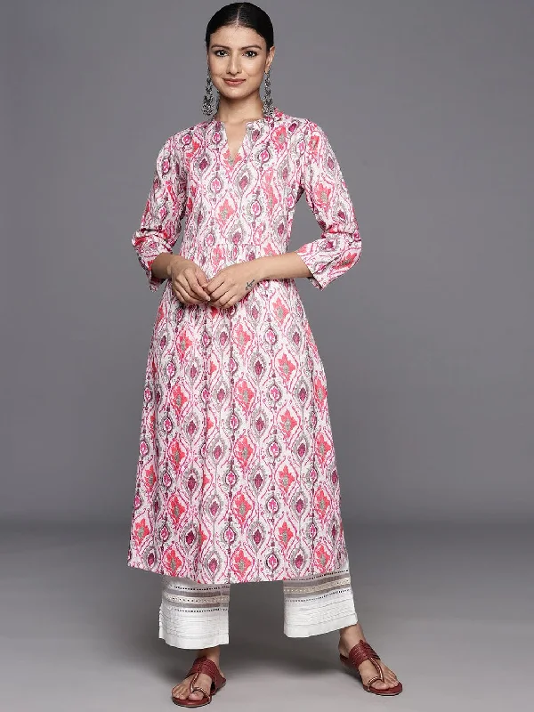 varanga pink ikat printed mandarin collar gathered details a line kurta