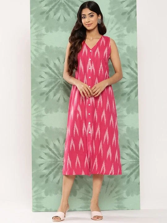 Varanga Pink Self Design A-Line Midi V-Neck Dress