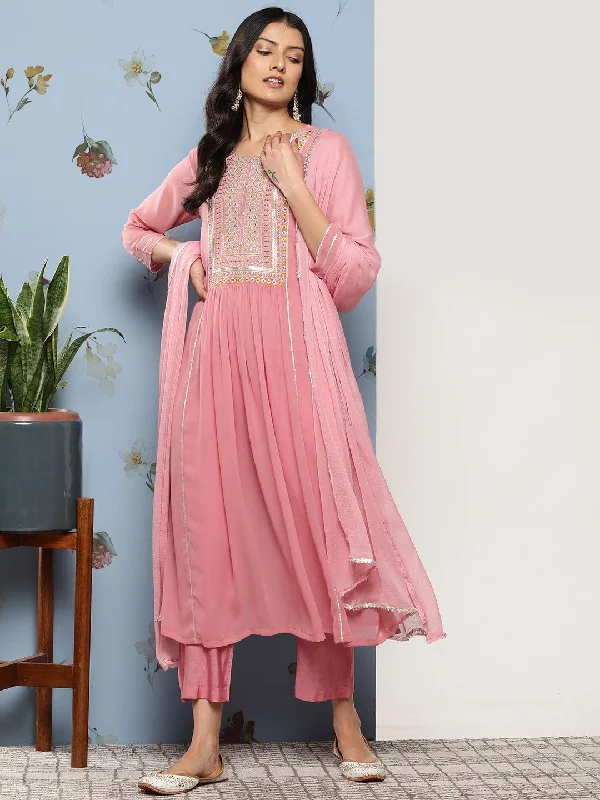 Varanga Pink Women Ethnic Motifs Embroidered Sequinned Silk Georgette Kurta Set