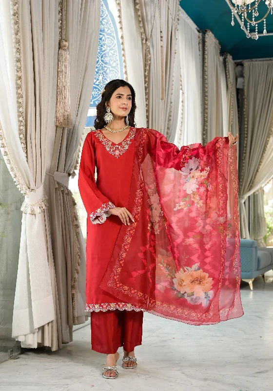 Varanga Red Ethnic Motif Zari Embroidered Straight Kurta With Bottom And Dupatta