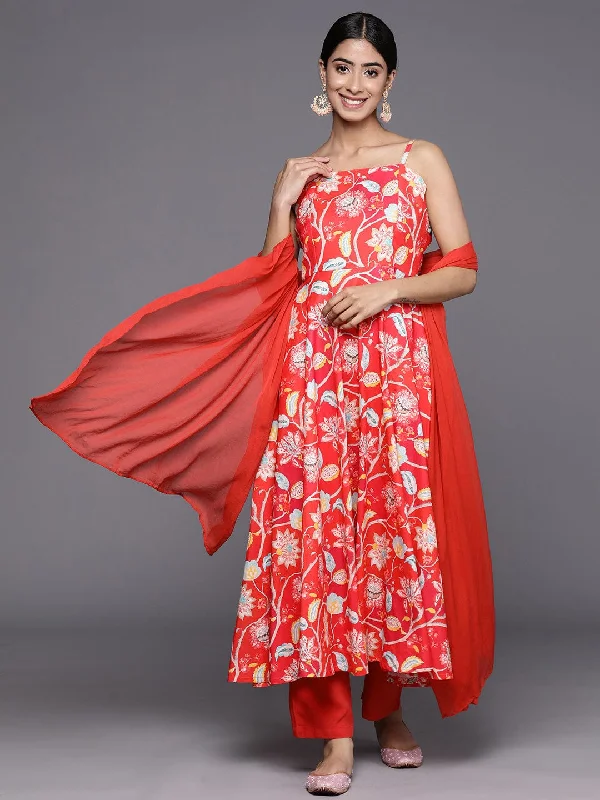 varanga red floral printed empire round neck kurta with trousers with dupatta