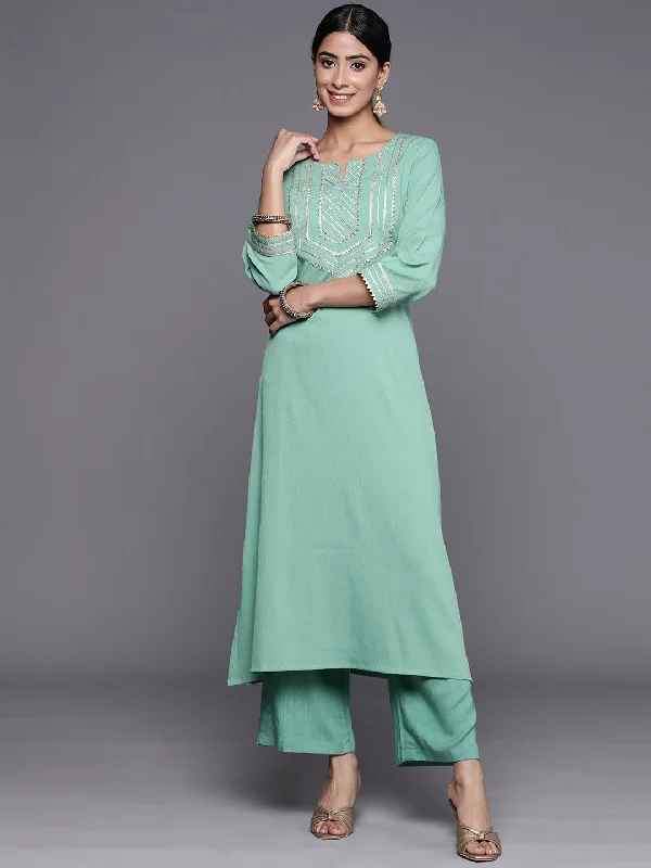 Varanga Sea Green And Gold Toned Ethnic Motifs Embellished Gotta Patti Crepe Kurta