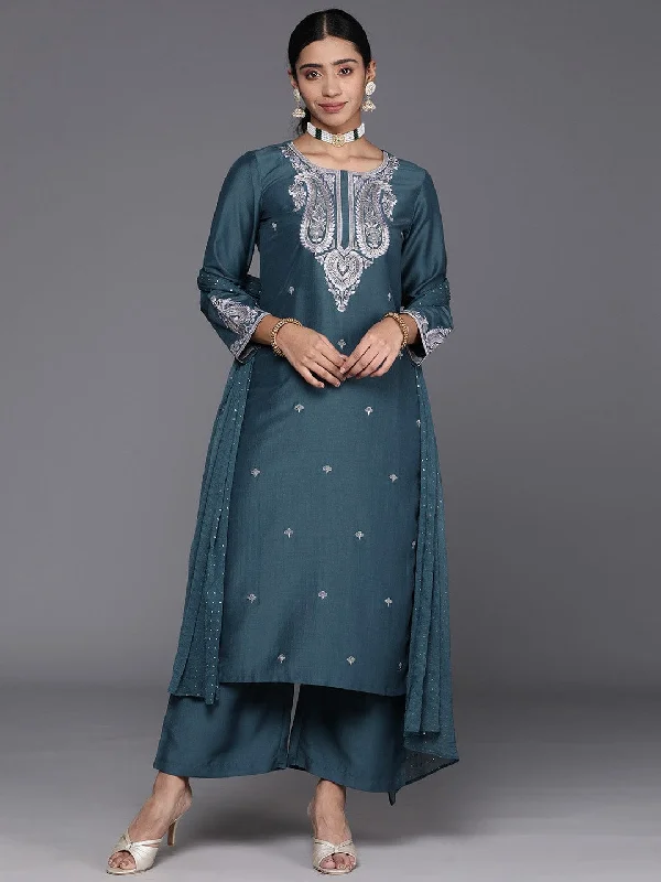 Varanga Teal Blue Ethnic Motifs Embroidered Regular Sequinned Kurta with Trousers & Dupatta