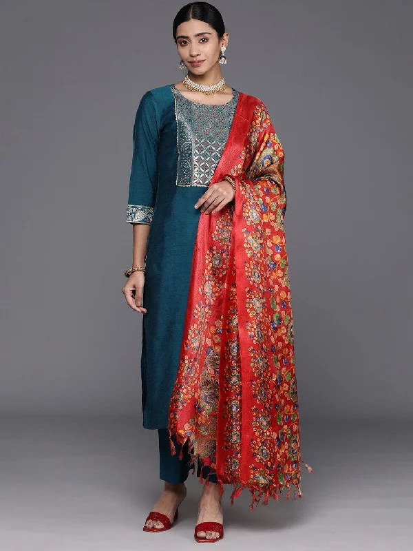 Varanga Teal Ethnic Motifs Yoke Design Gotta Patti Kurta with Trousers & Dupatta