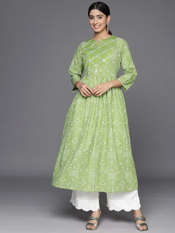 Varanga Women Bandhani Printed Sequinned Green And White Anarkali Round Neck Kurta