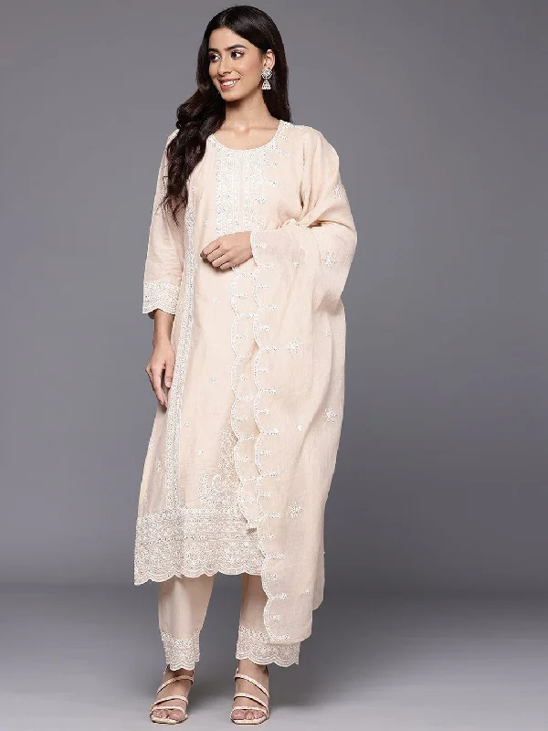 Varanga Women Beige Chikankari Embroidered Sequins Embellished Kurta With Bottom And Dupatta