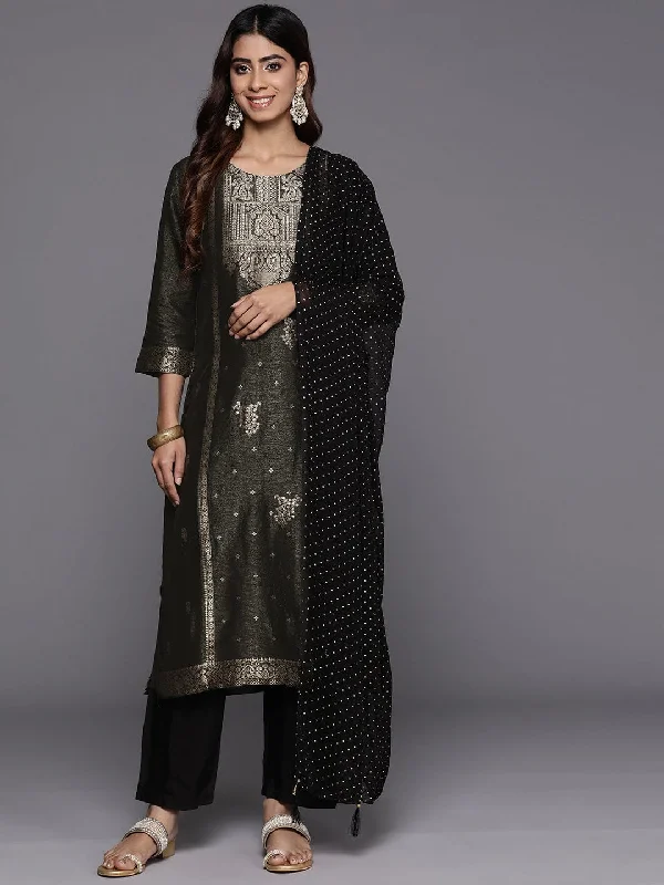 Varanga Women Black Jacquard Weave Kurta With Bottom And Dupatta