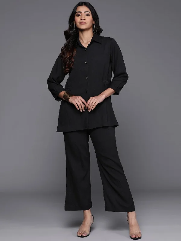 Varanga Women Black Shirt Collar Gather Detailed  Co-Ord Set