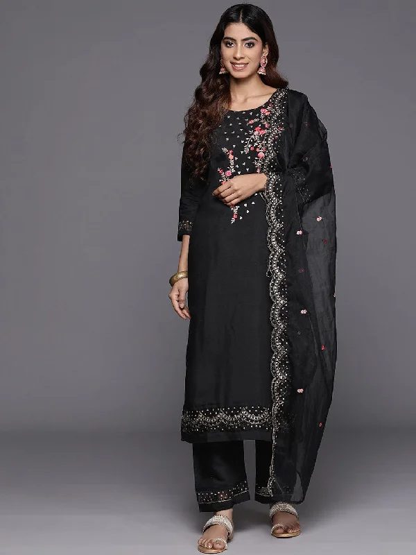 Varanga Women Black Thread And Sequins Embroidered Kurta With Bottom And Dupatta