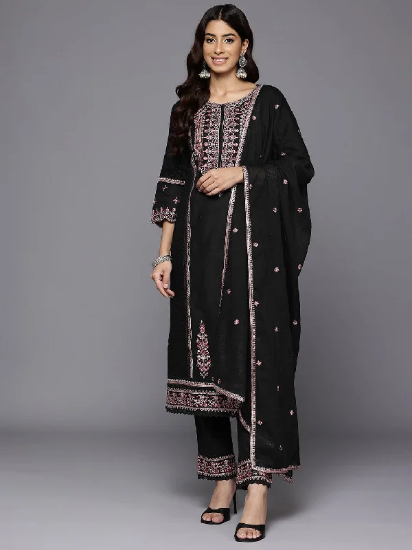 Varanga Women Black Thread Embroidered Sequins Embellished With Lace Detailed Kurta With Bottom And Dupatta