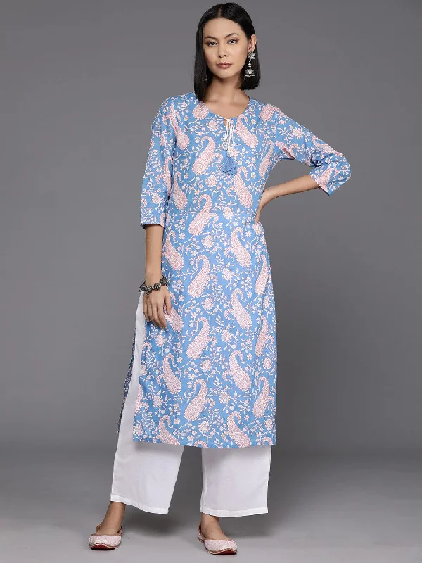 Varanga Women Blue Abstract Printed Round Neck With Drawstring Details Straight Kurta