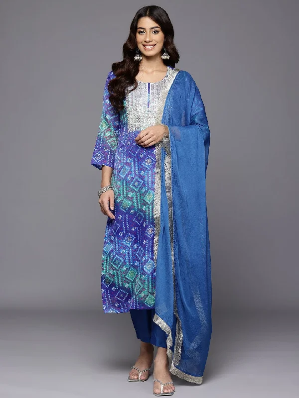 Varanga Women Blue Bandhani Printed Zari Embroidered Kurta With Bottom And Dupatta