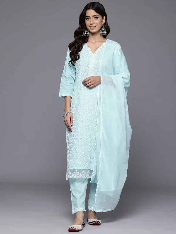 Varanga Women Blue Chikankari Embroidered Kurta With Tonal Bottom And Chiffon Dupatta.