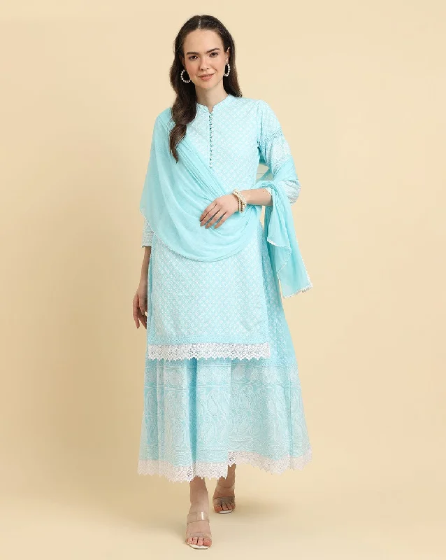 Varanga Women  Blue Chikankari Kurta Attached With Skirt  And Paired With Dupatta