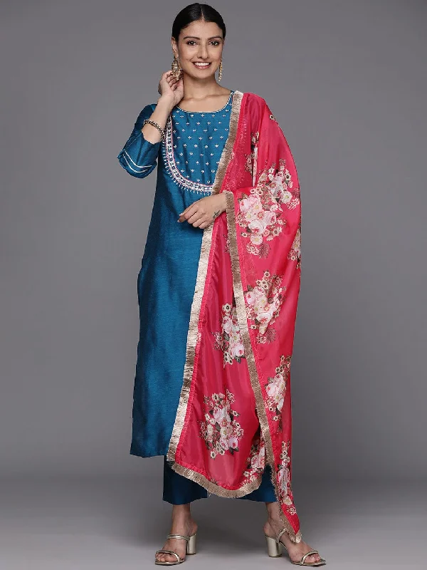 Varanga Women Blue Embroidered Kurta, Three Quarter Sleeves, Straight Kurta Tonal Bottom And Contrast Printed Dupatta.