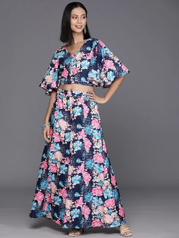 Varanga Women Blue Floral Printed Flared Sleeves With Tie Up Details Crop Top With Flared Bottom