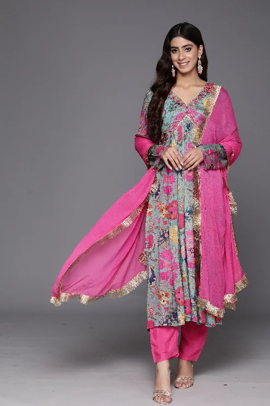 Varanga Women Blue Floral Printed Pure Silk Chinon Embroidered Kurta With Bottom And Dupatta