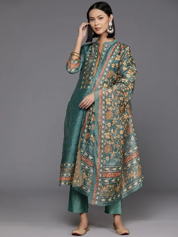 Varanga Women Blue Floral Printed Straight Kurta Paired With Tonal Bottom And Printed Dupatta