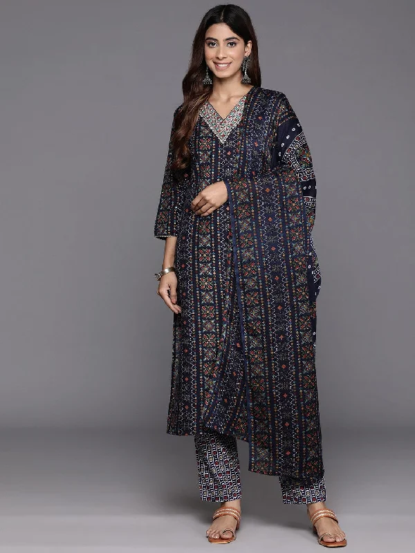 Varanga Women Blue  Printed  Embroidered Kurta With Bottom And Dupatta