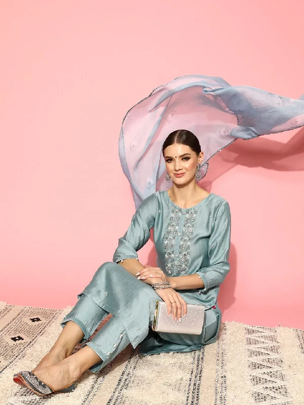 Varanga Women Blue Round Neck Embroidered Straight Kurta Paired With Tonal Bottom And Printed Dupatta