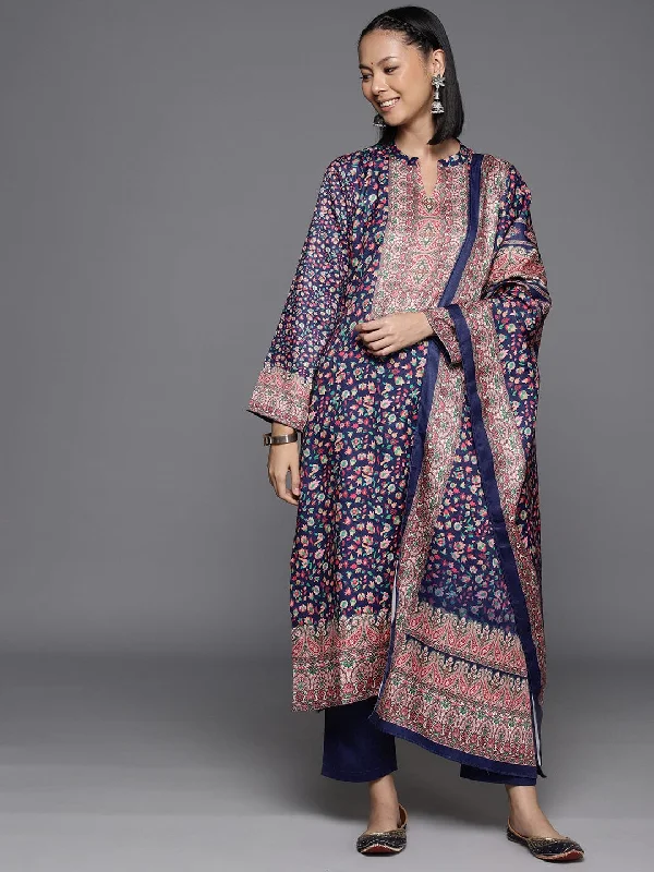 Varanga Women Blue Woolen Floral Printed Straight Kurta With Solid Bottom And Dupatta