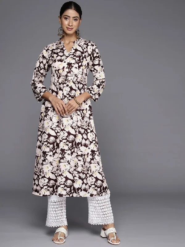 Varanga Women Brown Floral Printed A-Line Kurta With Three Quarter Sleeves