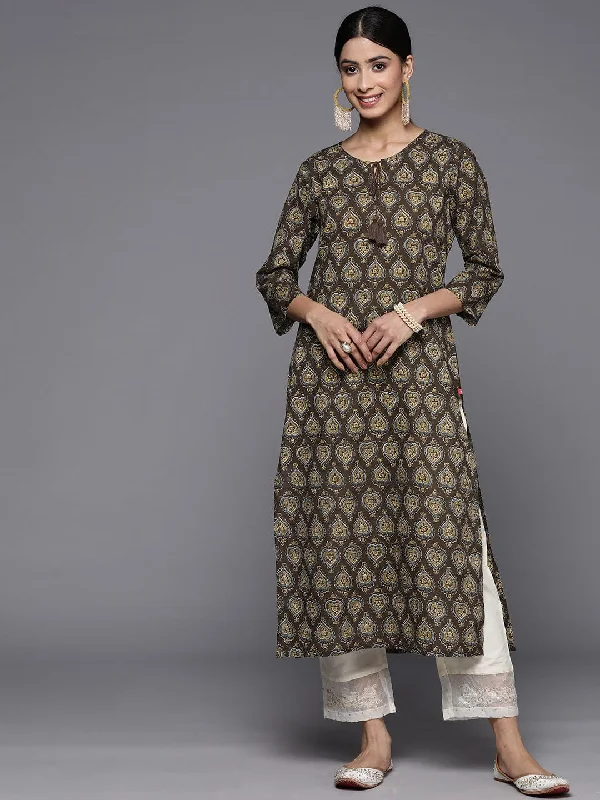 Varanga Women Brown Printed Straight Kurta With Tie Up Detailings On Neck