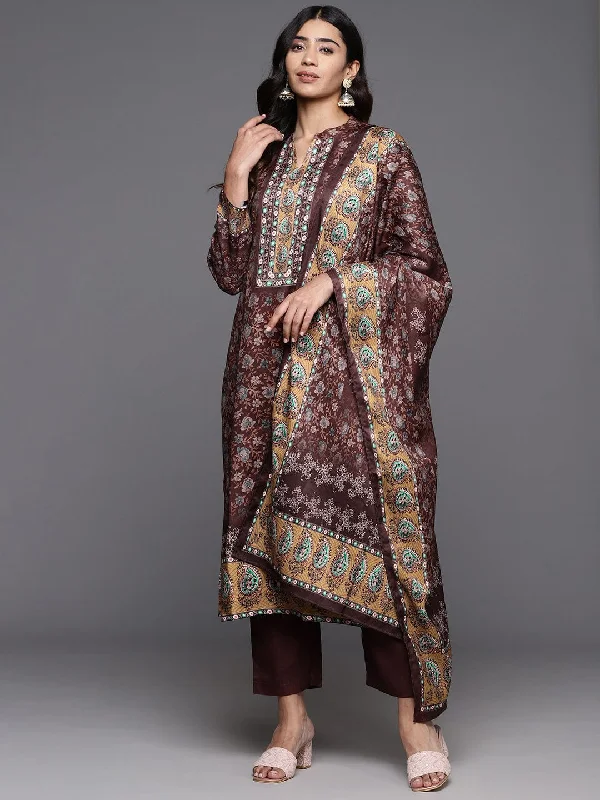 Varanga Women Brown Woolen Floral Printed Straight Kurta With Bottom And Printed Woolen Dupatta