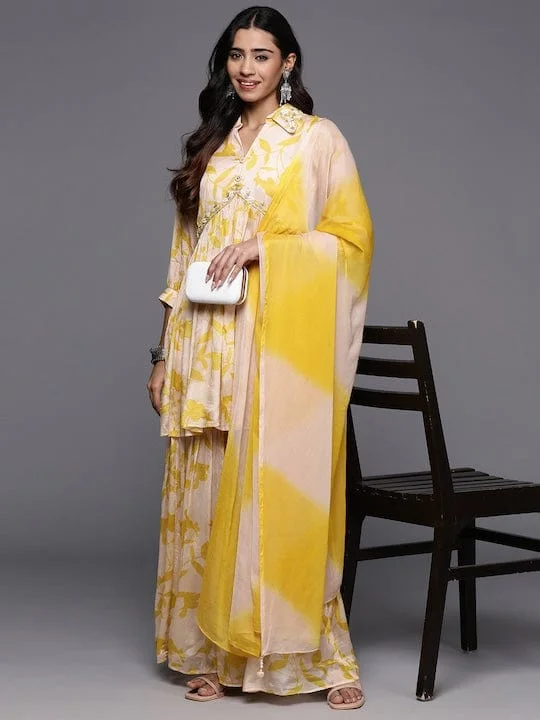 Varanga Women Cream And Yellow Floral Printed Beads Anarkali Kurta With Sharara And Dupatta