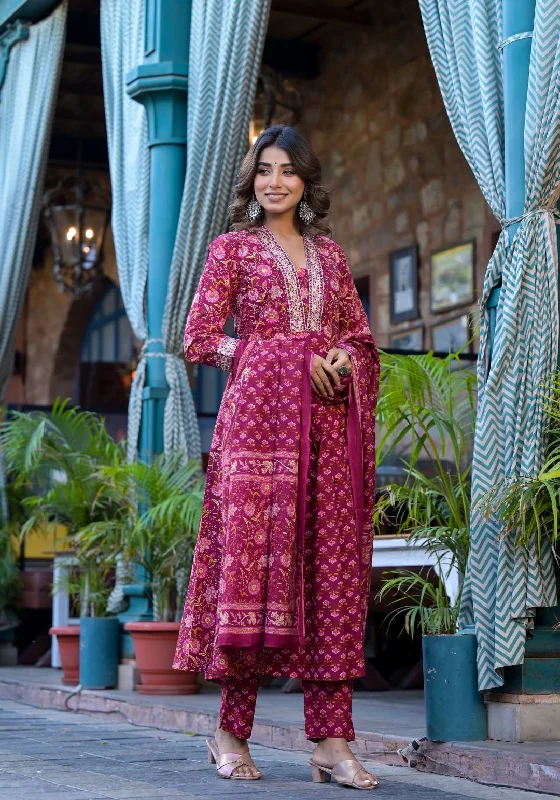 Varanga Women Floral Printed Embellished Anarkali Kurta Paired With Printed Bottom And Dupatta