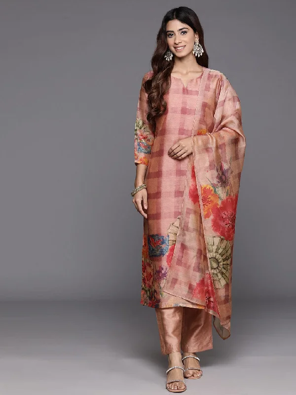 Varanga Women Floral Printed Peach Red Round Neck Straight Kurta With Solid Bottom And Printed Dupatta