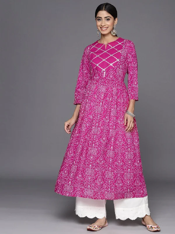 Varanga Women Fuchsia Bandhani Printed Sequinned Anarkali Round Neck Kurta