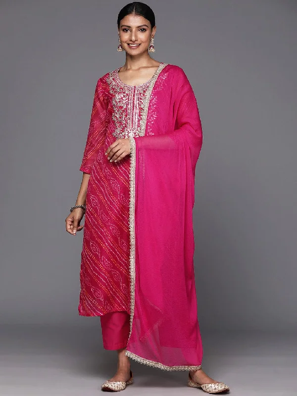 Varanga Women Fuchsia Bandhani Printed, Yoke Embroidered Straight Kurta, Paired With Tonal Bottom And Dupatta.