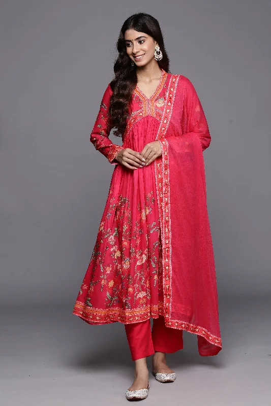 Varanga Women Fuchsia Floral Printed V-Neck Full Sleeves Anarkali Kurta With Bottom And Dupatta