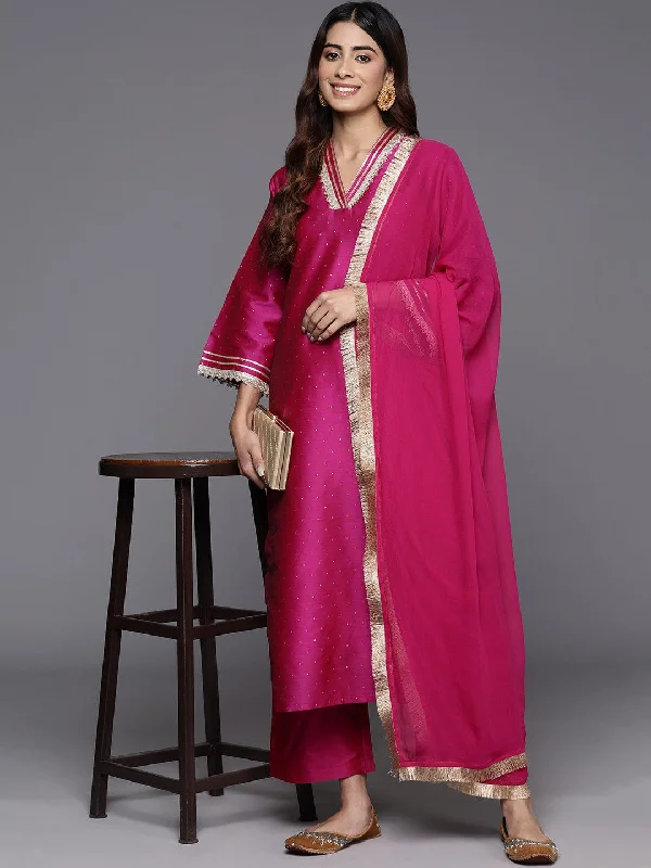 Varanga Women Fuchsia Zari Embroidered Kurta Paired With Bottom And Dupatta