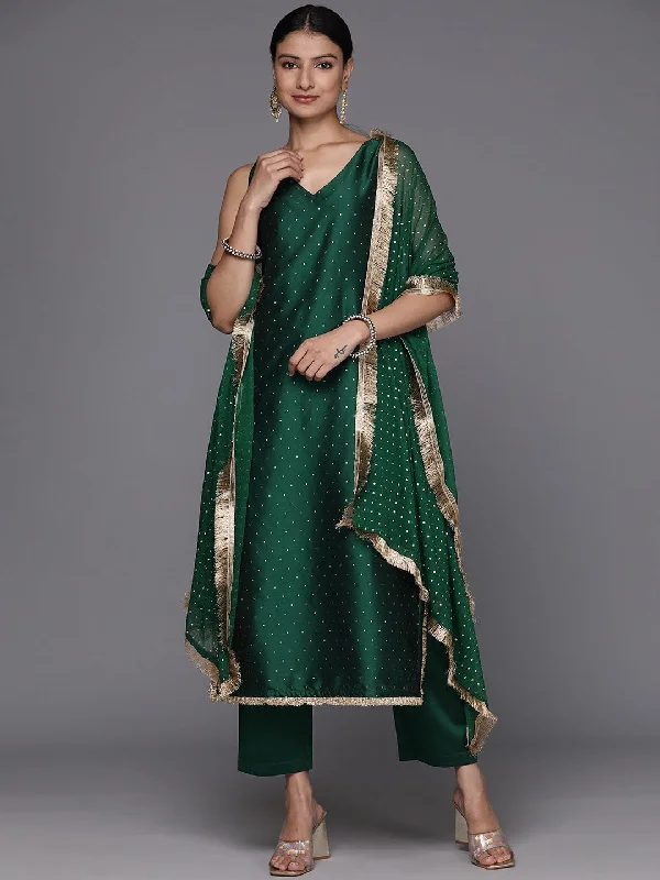 Varanga Women Green All Over Golden Buti, Sleeveless Straight Kurta Paired With Tonal Bottom And Dotted Dupatta With Four Sided Fringes