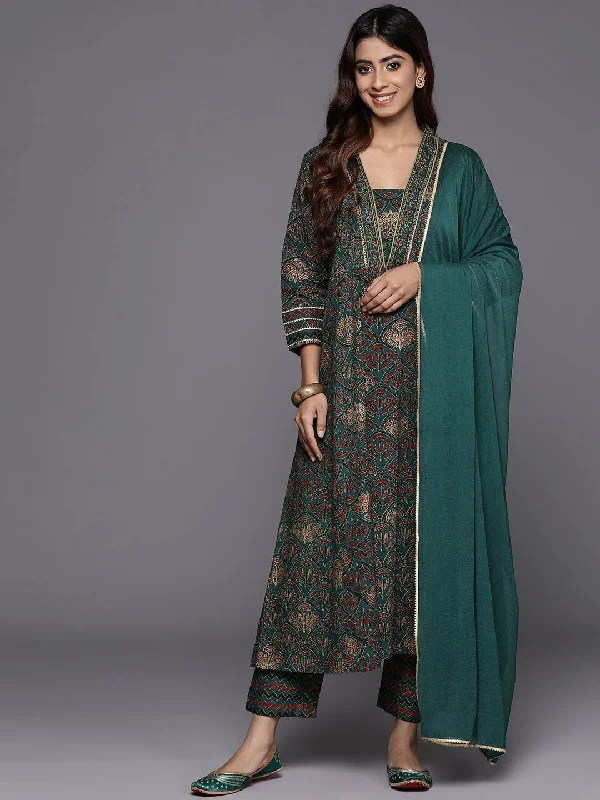 Varanga Women Green Floral Printed Gotta Lace Embellished A-Line Kurta With Straight Bottom And Dupatta