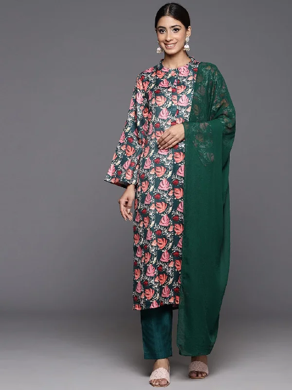 Varanga Women Green Floral Printed Mandarin Collar Straight Kurta Paired With Tonal Solid Bottom And Solid Dupatta